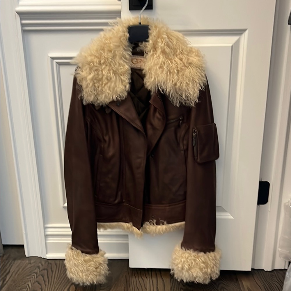 UGG Brown Leather Aviator Jacket with Cream Fur